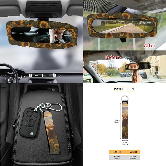 Sunflower Highland Cattle 15 PCS Car Seat Cover Full Set, with Steering Wheel Cover Seat Belt Strap Trash Cans Rear View Mirror Cover Coaster Air Vent Storage Bag Universal Fit