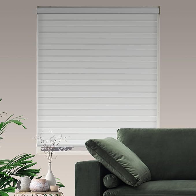 Zebra Roller Shades, Dual Layer Roll Up Blind for Living Room, Semi Sheer Shades Window Privacy Light Control for Day and Night, (Maximum Height 72inch, White Color, Width 34 inch)