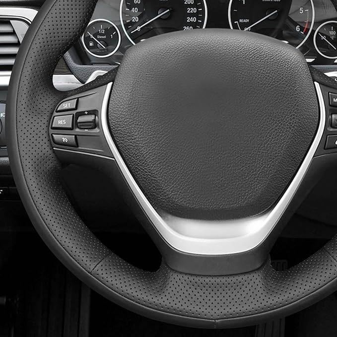 MEWANT Hand Stitch Black Smooth Perforated Faux Leather Steering Wheel Cover for BMW 2Series F22 F23 F30 F34 F32 F33 F36