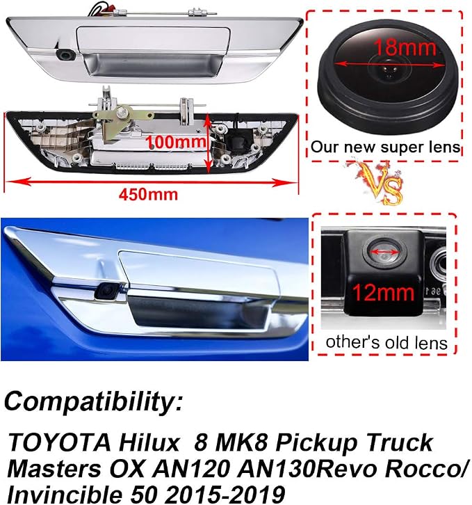 1280 * 720 Pixels HD Car Rear View Trunk Handle Parking Rear View Reverse Back up Camera Replacement for Toyota Hilux 8 MK8 Pickup Truck Masters OX AN120 AN130 Revo Recco/Invincible 50 2015-2019