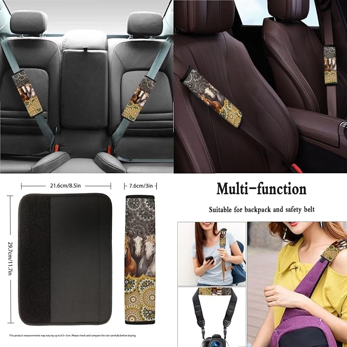 Xoenoiee Horses Boho Mandala Print 11 Pcs Universal SUV Car Seat Covers Auto Interior Accessories Full Set with Steering Wheel Covers, Seat Belt Pads, Key Chain, Car Cup Mat