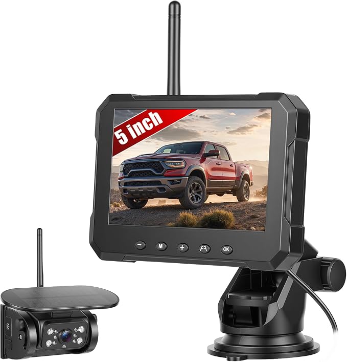 Magnetic Solar Wireless Backup Camera with 5 Inch IPS Monitor IP69 Infrared Night Vision No Wiring Rear View Reverse Monitoring Camera for Car/Truck/Trailer/RV