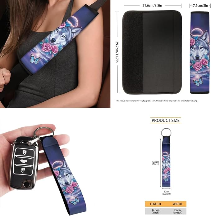 Galaxy Auto Interior Accessories Rose Wolf Car Seat Covers with Auto Steering Wheel Cover Seat Belt Covers Car Trash Can View Mirror Cover Coaster Keychains