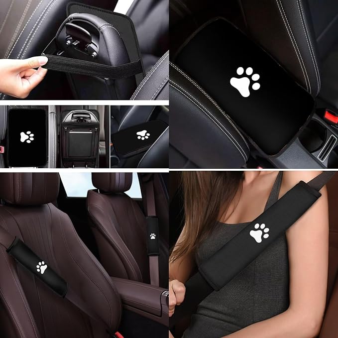 Mumeson Dog Paw Car Seat Covers Full Set with Car Seat Belt Shoulder Pads Non-Slip Steering Wheel Cover Armrest Cushion for Car Full Set of 8 Pieces Decor