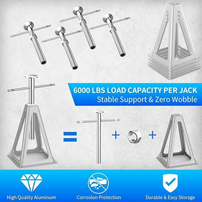 BEBOBLY RV Stack Jacks 4 Pack, Screw Jack Stands for RV Camper Travel Trailer Leveling, Aluminum Stabilizer Jacks, Single Support Unloading Up to 6000 Lbs, Adjustable from 11" to 17"