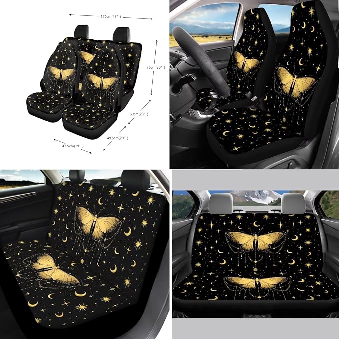 Xoenoiee Butterfly Moon Stars Print 11 Pcs Car Accessories Seat Cover Full Set, Steering Wheel Cover, Front & Rear Seat Cover, Seat Belt Pads, Cup Coaster, Key Chains - Universal Fit