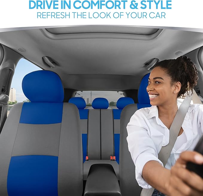 BDK PolyPro Car Seat Covers Full Set in Blue & Gray – Front and Rear Split Bench Seat Covers for Cars, Easy to Install Car Seat Cover Set, Car Accessories for Auto Trucks Van SUV