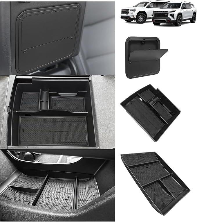 Muslogy Center Console Organizer Compatible with 2024-2026 GMC Acadia&Chevy Traverse Accessories Interior Storage Insert Tray Secret Compartment(Lower Center Tray+Console Organizer+Hidden Box)