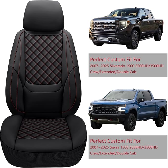 Silverado Seat Covers 2007-2026 Full Set, Truck Interior Sets Custom Fit for Chevy Chevrolet Silverado GMC Sierra 1500/2500/3500HD Crew/Double/Extended Cab with Lumbar Support, Black Red