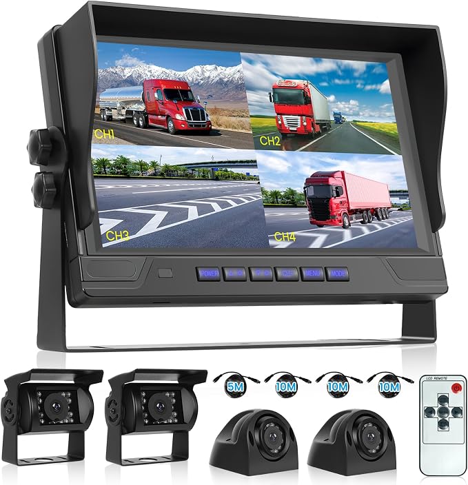 RV Backup Camera System 1080P, Hodozzy 9 Inch 4 Split Screen Monitor System, Waterproof 4 Reverse Cameras Night Vision Reversing Camera Kit for Car Truck/Trailer/Bus Truck/RV, DVR Loop Recording