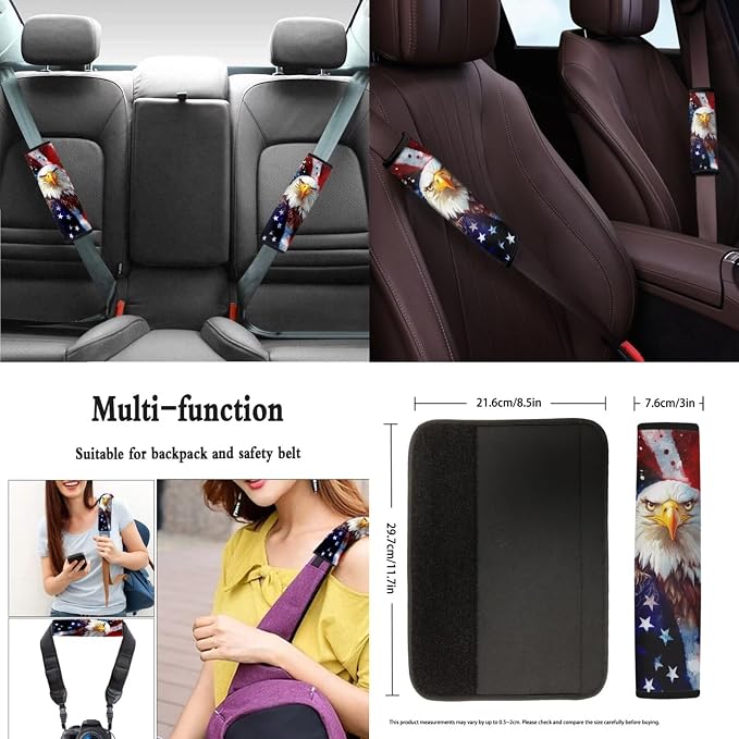 American Flag & Bald Eagle Car Seat Cover Set of 11, Patriotic Auto Decor with Universal Fit Steering Wheel & Seat Belt Covers for 250th Anniversary and 4th of July