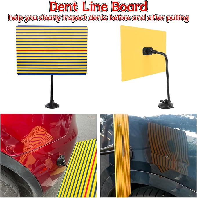 Dent Puller Kit for Car Dent Repair with Dent Reflect Line Board, Lightweight Dent Lifter, Rubber Hammer & Trim Removal Tools Set, Paintless Dent Removal for Auto Body Hail Damge Door Dings