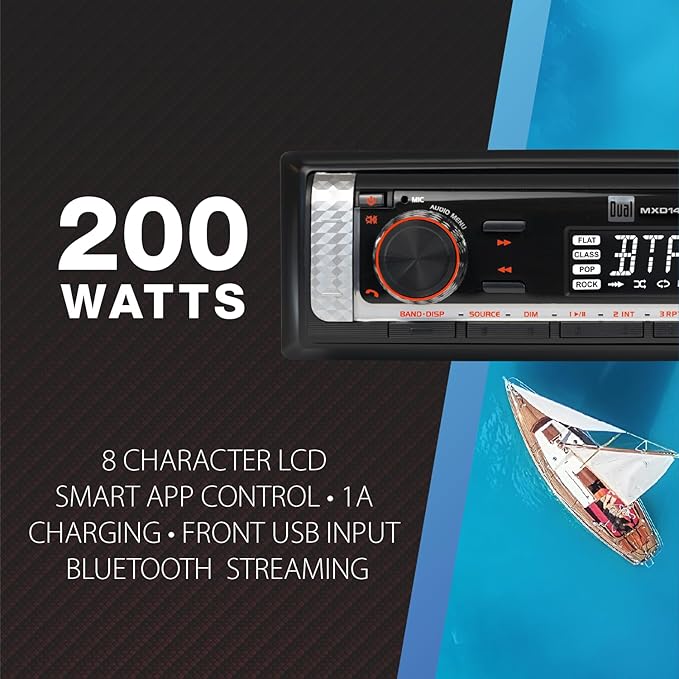 Dual Electronics MXD140B Marine Stereo with Built-in Bluetooth | Single DIN 8-Character Sunlight-Readable LCD Display | AM/FM Stereo Receiver | USB Port with 2.1 A Charging | Black