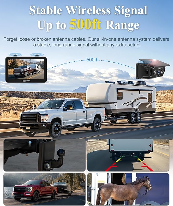 VEKOOTO VK7 Pro Magnetic Solar Wireless Backup Camera, 7'' IPS Touchscreen Monitor HD1080P No Wiring 15,800mAh Rechargeable Camera System for Hitching Gooseneck Horse Trailer RV Camper Car Truck