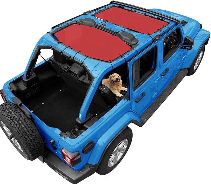 JL Top Sun Shade Roof Compatible with Jeep Wrangler 2 or 4 Door 2018 to 2023 Sunshade Sunroof Blocks UV Wind Noise Cherry Red Mesh for Front and Rear 2 pcs
