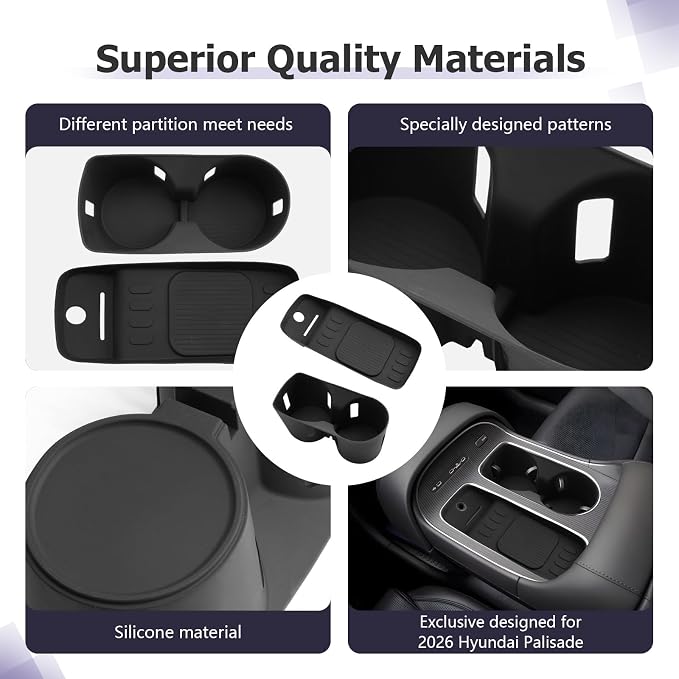 LUWU 2026 Palisade Accessories Compatible with 2026 Palisade SE/SEL/XRT/Limited/Calligraphy Accessories Center Console Silicone Cup Holder Insert, Wireless Charging Anti-Slip Mat 2PCS(Only for 7-Seat)