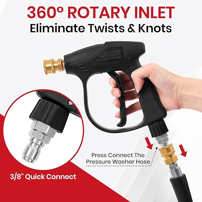 Short Pressure Washer Gun 4000 PSI with Swivel Quick Connect, 5 Nozzle Tips, 3/8" Inlet & M22-14mm Adapter, Foam Cannon Compatible for Gas Pressure Washer, Car Wash, Driveway, Patio