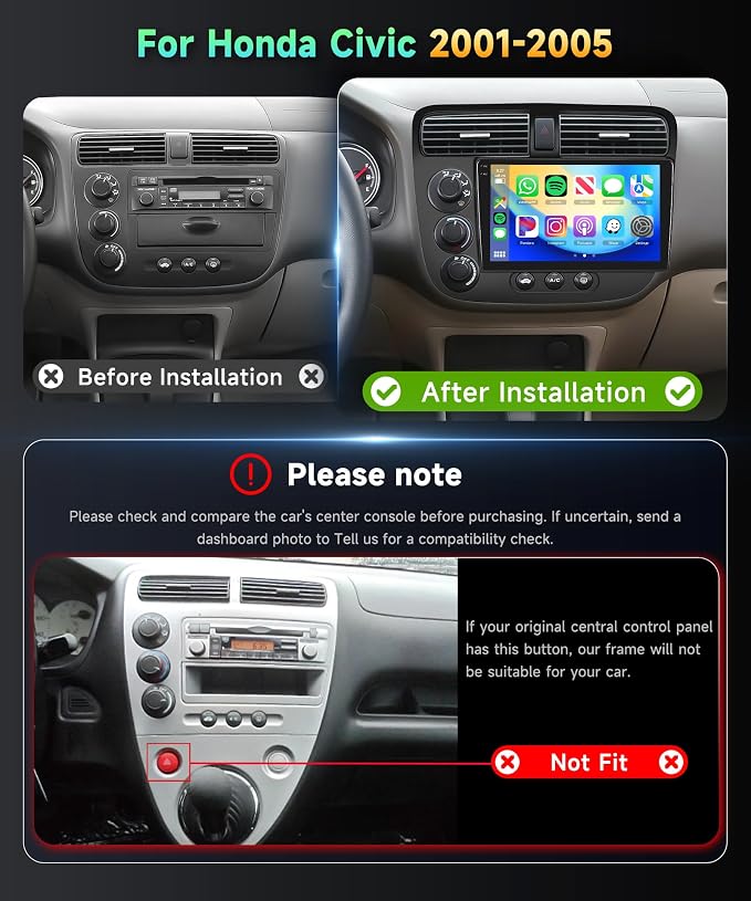 4G+128G Car Radio for Honda Civic 2001-2005 Stereo 9 inch in-Cell Screen Full Touchscreen Wireless CarPlay/Android Auto Android 15 Bluetooth DSP FM/RDS GPS WiFi SWC AHD Backup Camera