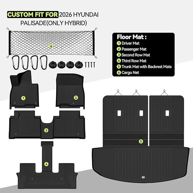 Tongama-Floor Mats for 2026 Hyundai Palisade(Only Hybrid), All Weather TPE Trunk mat with backrest mat and Cargo Net for Hyundai Palisade Floor Liner Accessories