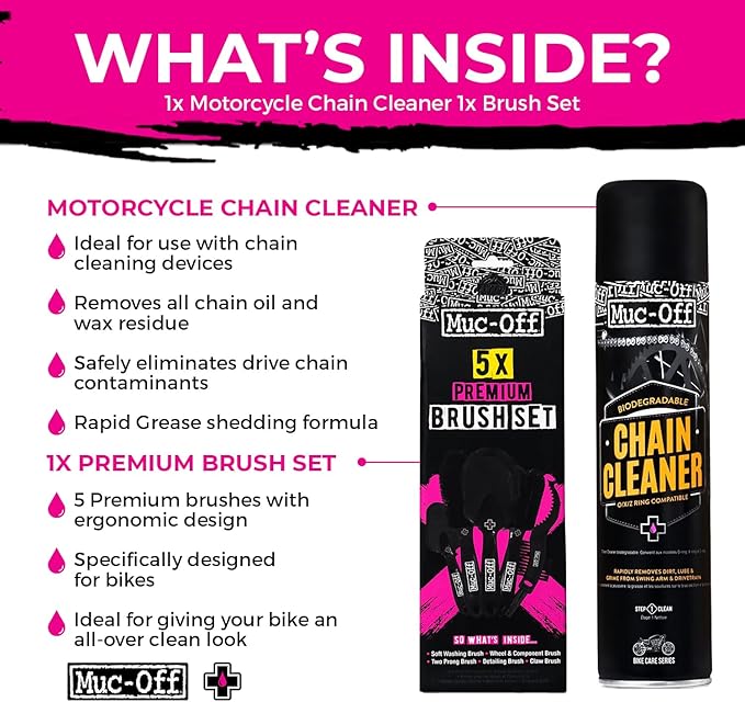 Muc-Off Motorcycle Chain Cleaner + 5x Bike Brush Kit | Motorcycle Chain Degreaser Cleaner with Chain Cleaning Brush Set | Instant Grease Cutting Formula | Easy to Use