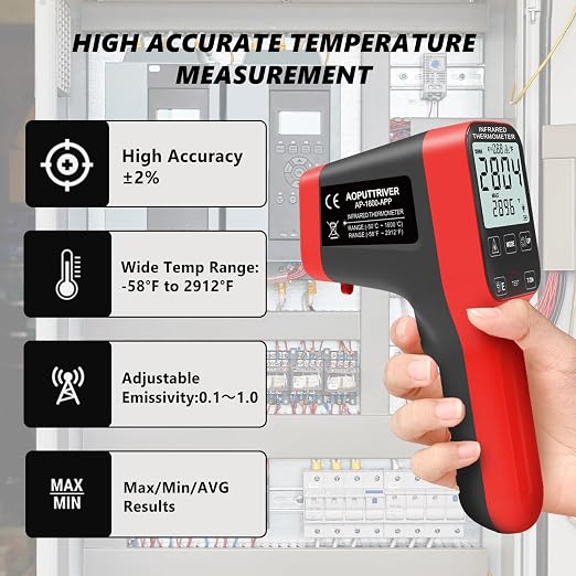 -58°F to 2912°F Infrared Thermometer Gun, Non Contact Digital Laser Thermometer with Bluetooth,for Cooking, Pizza Oven, Engine, USB Rechargeable