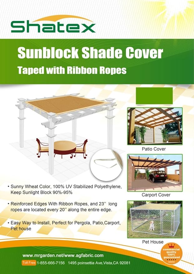 Shatex Shade Panel 12' x 12' Block 90% with Ready-tie up Ribbon for Pergola Gazebo Porch, Wheat