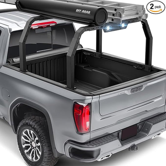 YZONA Adjustable 27-30" High Truck Ladder Bed Racks Compatible with Tacoma/Tundra/Ram 1500/ Silverado & Sierra 1500/ F150/Gladiator JT/Titan/Frontier/Colorado/Canyon/Ranger with 2 LED Lights