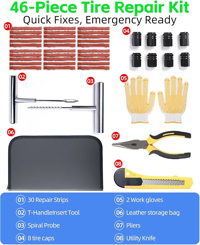 Emergency Kit - Tire Inflator Portable Air Compressor & Jumper Cables for Car - Winter Auto Assistance Kit with Tow Straps, Car Safety Hammer, Tire Repair Kit, & First Aid Kit