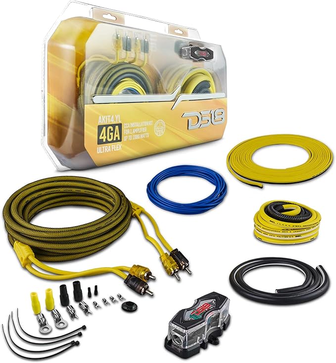 DS18 AKIT4.YL 4-GA Amplifier Installation Kit Up to 1680 Watts RMS, Mini-ANL Fuse Holder, Speaker & RCA Cables, CCA Amplifier Wiring Kit, Ultra Flex Wire, Amp Wire Kit, Amp Wiring Kit 4 Gauge - Yellow