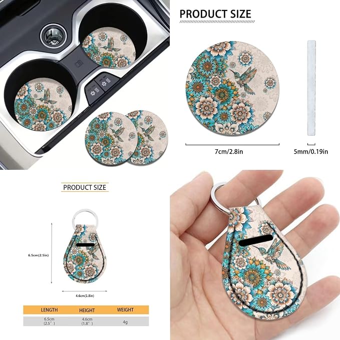 Xoenoiee Hummingbird and Boho Mandala Pattern Car Seat Cover Full Set with Steering Wheel Cover, Seat Belt Cover, Coasters, Key Chains for Cars SUV, Universal Auto Accessories - 11 Pack