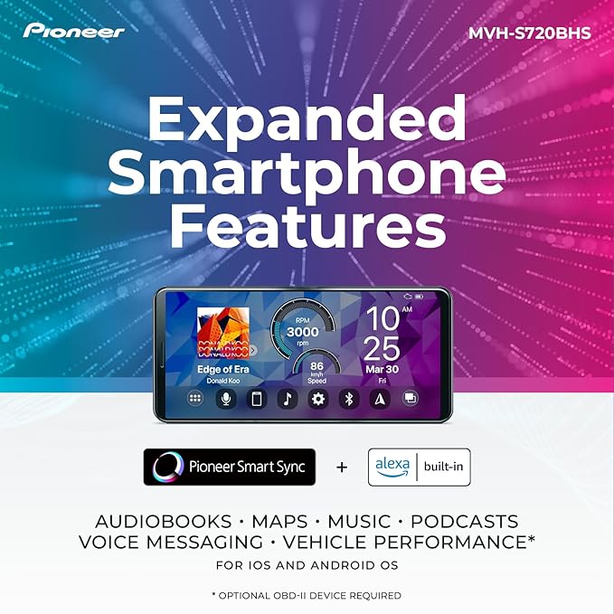 Pioneer MVH-S720BHS 1-Din Digital Media Receiver – Bluetooth, SiriusXM, Color Change, HD Radio, USB, FLAC, Voice Control, 50W x 4 Output, 13-Band EQ, AM/FM Radio, Hi-Volt RCA Preouts