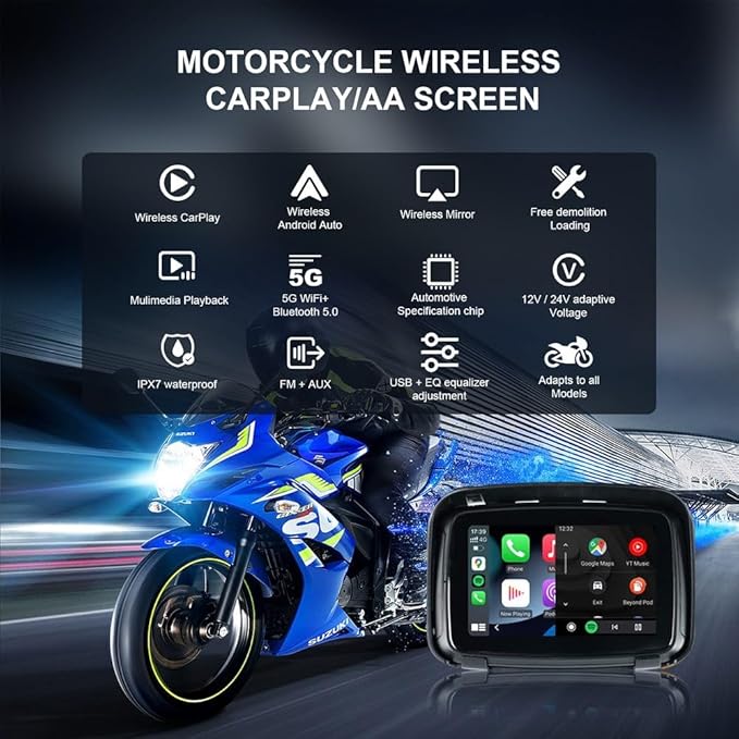 Sunweyer Portable Carplay Wireless Android Auto for Motorcycle,5 Inch IPX7 Waterproof Touchscreen,Auto GPS Navigation,5G Dual Bluetooth,Support Siri/Google Assistant