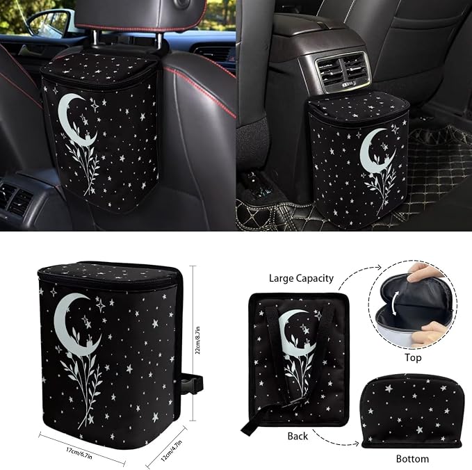 Moon Leaves Car Seat Covers Full Set for Women Cute Car Accessories Interior Car Steering Wheel Cover Seatbelt Covers Trash Bin Rear View Mirror Cover Cup Holders Keychain