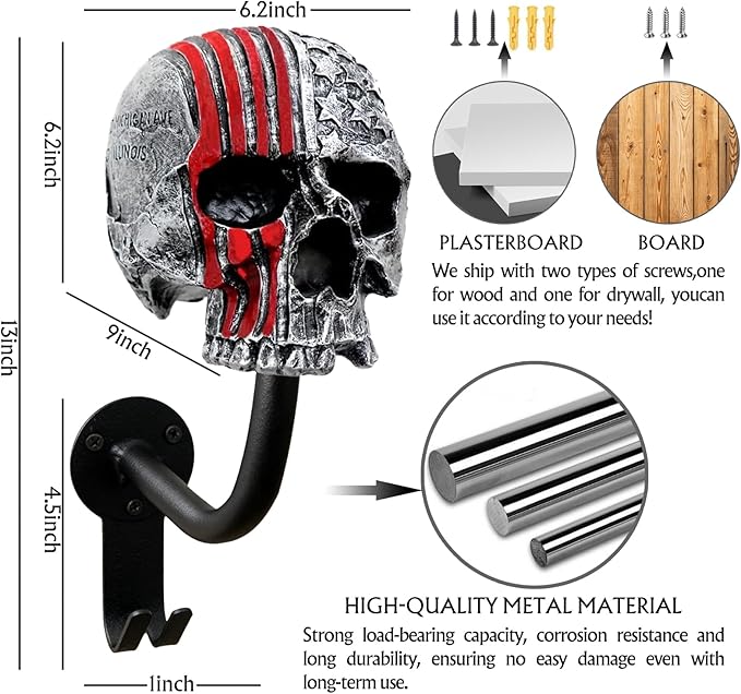 Motorcycle Helmet Rack Wall Mount,Red Skull Helmet Holder Wall Mount with 2 Hooks Helmet Hanger for Coats, Caps, Baseballs and Rugby Helmet,Motorcycle Accessories
