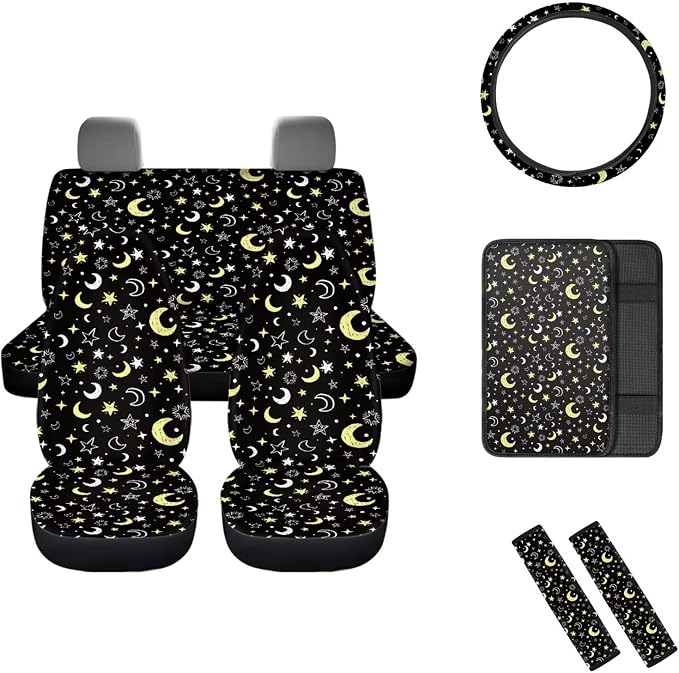 Mumeson Moon Star Car Seat Covers with Steering Wheel Cover Armrest Cover Center Console Mat Car Seatbelt Cover Shoulder Cushion Pad 8 Pack Universal Auto Interior Protector Decor Set