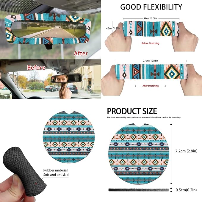 Blue Boho Car Accessories Car Seats Cover Protector, Steering Wheel Covers, Seatbelt Cover, Car Trash Can, Cup Coasters, Rearview Mirror Cover, Keychains, Pack of 15