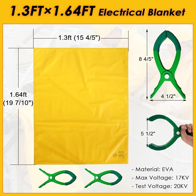 Voltage Insulating Blanket 17KV, High/Low Voltage Electric Insulated Blanket with 2 Pcs Insulation Clamp, for Around Substations/Distribution Room, Yellow 15 4/5" × 19 7/10"