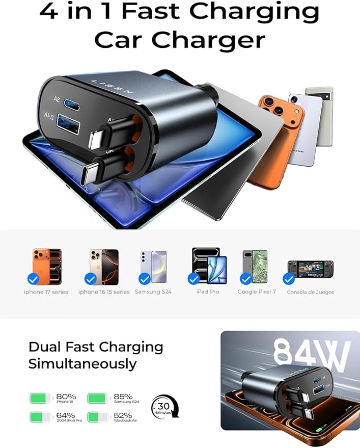 LISEN Retractable Car Charger, Gifts for Him Her, 84W Car Adapter USB C Fast Charger, Gifts for Mothers Day Travel Essentials Car Accessories for Men Women Gifts for iPhone 17 16 15 14 13 Samsung S26