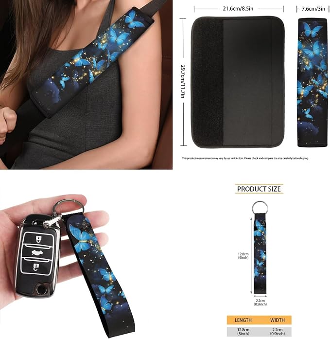 15 Pcs Blue Glitter Butterfly Car Seat Covers Full Set for Women Cute Car Accessories Interior Car Steering Wheel Cover Seatbelt Covers Trash Bin Rear View Mirror Cover Cup Holders Keychain