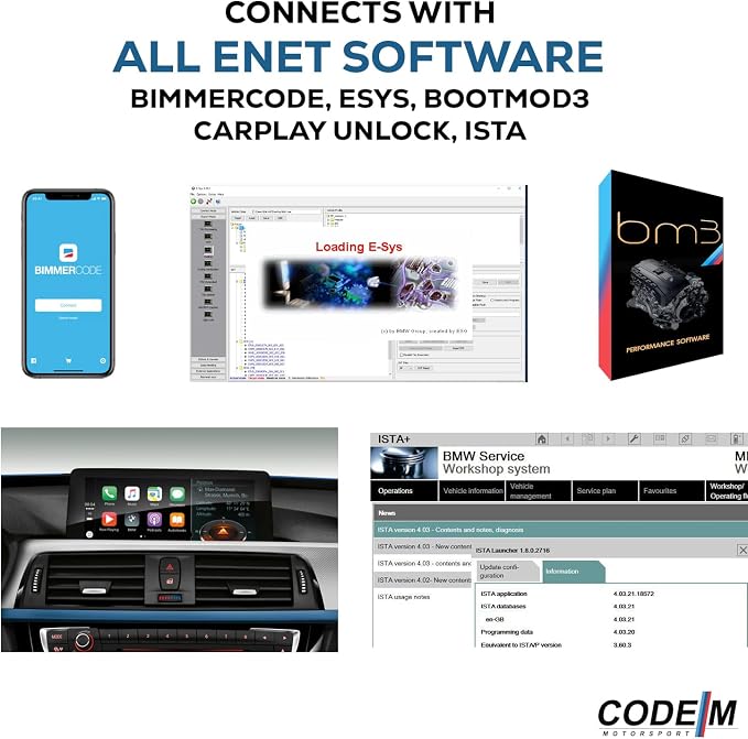 ENET Cable BMW + USB-C + USB A Adapter | OEM OBD2 for BMW F G i Series Coding | E SYS ISTA+ ICOM Bootmod3 Bimmercode Compatible | Heavy Duty Cable | For CarPlay Activation, OBD2 to Ethernet 3 in 1