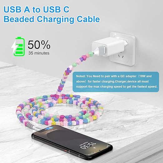 USB A to USB C Cable Beaded Charging Cord 3FT for iPhone 17 16 Pro Max 15 Car Play,Cute Type C Fast Car Charger Cable for iPhone 17e 16e 15/iPad Pro 10 11th/Samsung S26 S25 Ultra S24 Phone Girls Women
