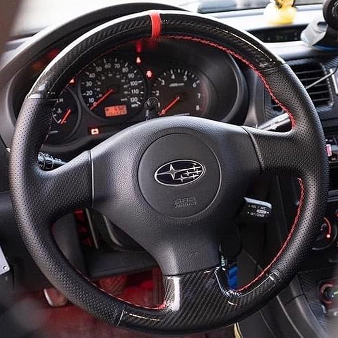 Hand-Sewing Steering Wheel Wrap Cover Black Gloss Carbon Fiber Leather Wrap Interior Protection Accessories for Subaru Forester/Impreza/Legacy/Outback/Impreza WRX(STI) 2005 2006 2007 2008