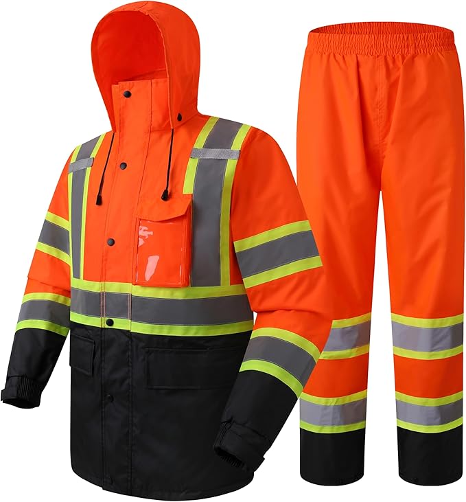 JKSafety Hi-Vis Reflective Safety Rain Jacket and Pants for Men Women Waterproof Rain Gears for Farming Fishing Work HV Rain Suit with Inner Mesh Lining and Pockets (117-Orange L)