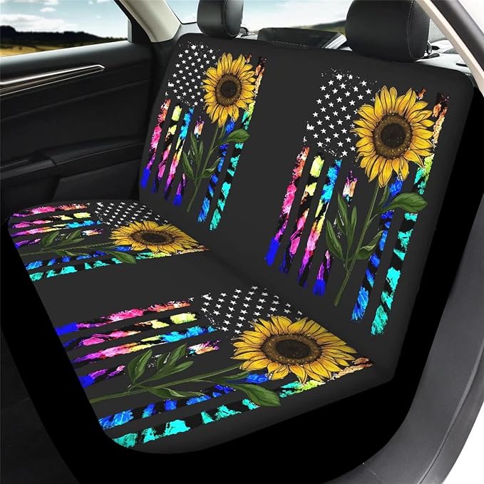 Suobstales American Flag Sunflower Car Accessories with Car Front Rear Split Seat Covers, Colorful Tie Dye Floral Seat Belt Pads + Steering Wheel Cover + Coaster + Keyrings for Women Set of 11-Pcs