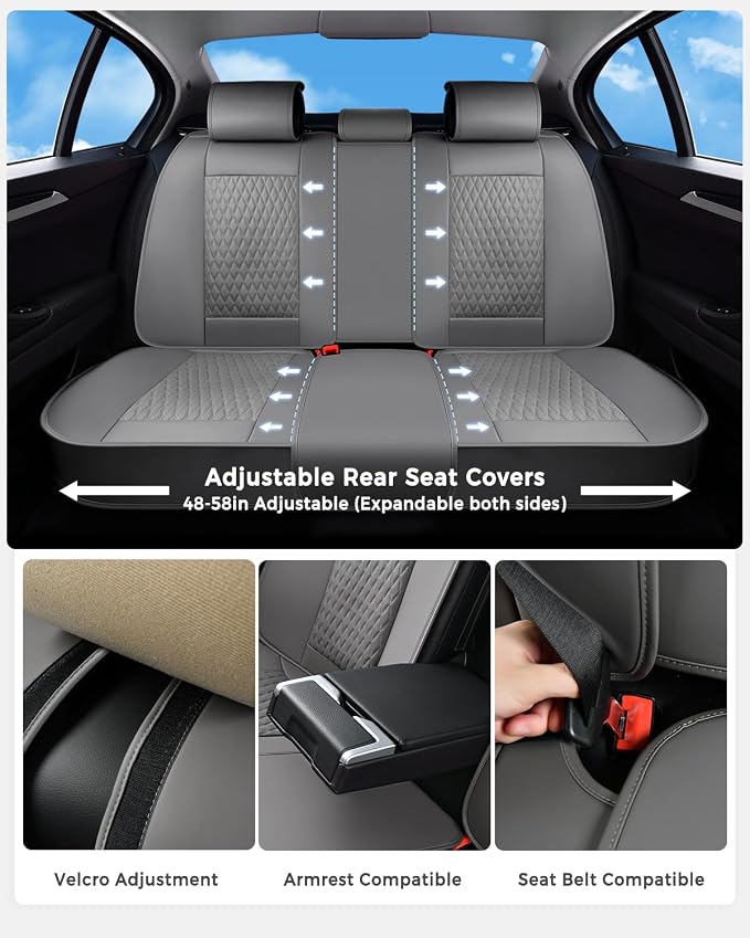 Huidasource Gray Seat Covers, Luxury Nappa Leather Car Seat Cover with Velcro Adjustable, Airbag, Lumbar Support, Cooling ＆ Heating, Seat Covers for Universal Fit for Most Cars SUV Trucks, Gray