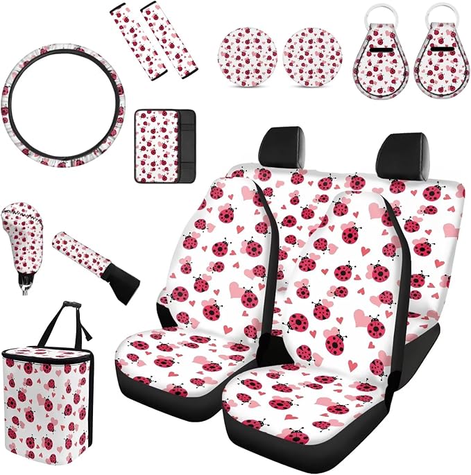 Forchrinse 15pcs Red Ladybug Car Seat Covers with Steering Wheel Cover+Armrest Cover+Seatbelt Covers+Handbrake Gear Shift Cover+Keychain for Women Ladybug Auto Interior Set