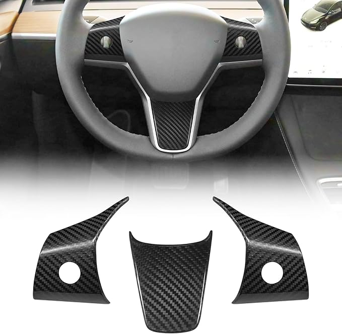 Compatible with Tesla Model 3/Y 2017 2018 2019 2020 2021 2022 2023 Real Carbon Fiber Steering Wheel Button Cover Interior Decoration Trim Accessories