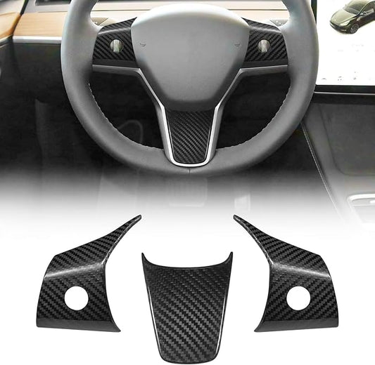 Compatible with Tesla Model 3/Y 2017 2018 2019 2020 2021 2022 2023 Real Carbon Fiber Steering Wheel Button Cover Interior Decoration Trim Accessories
