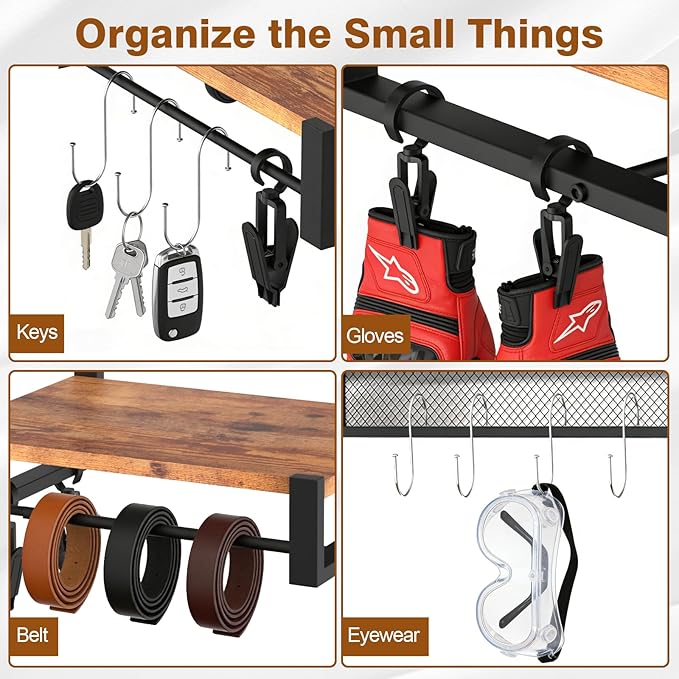 Wall Mounted Motorcycle Helmet Holder, Heavy-Duty Helmet Rack with 4 Helmet Mounts & 4 Glove Clips, Rustic Wall Mounted Organizer with 4 Hooks for Motorcycle Helmets, Shoes, Accessories