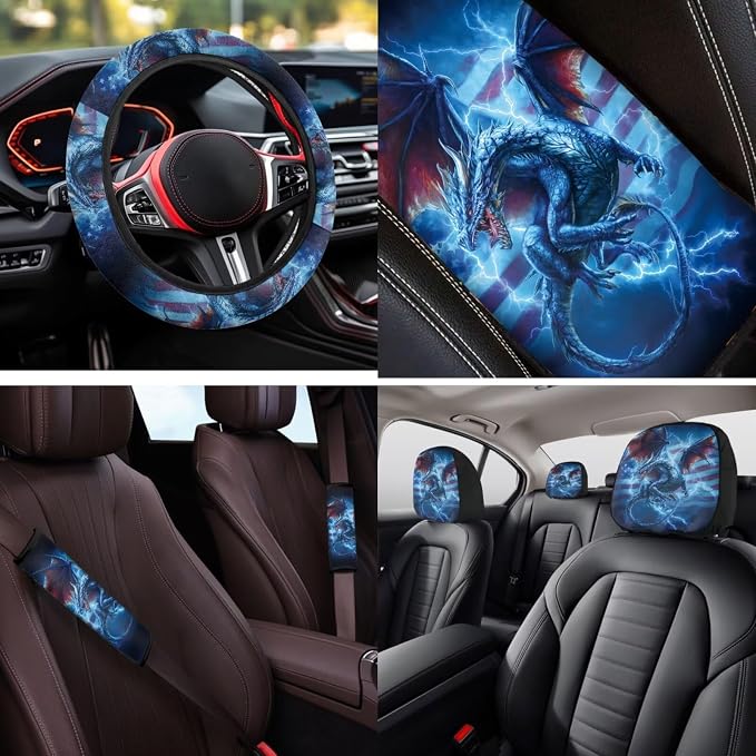 Bulopur Western Dragon Lightning Car Seat Covers Full Set with Matching Steering Wheel Cover American Flag Car Interior Decor Set for Truck Van Sedan Car Armrest Cover Seat Belt Covers Coasters